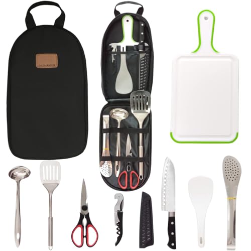 Camp Kitchen Utensil Organizer Travel Set Portable BBQ Camping Cookware Stainless Steel Utensils Travel Kit Outdoor Equipment Cutting Board Tongs Scissors Knife Ladle Spatula - color: Black