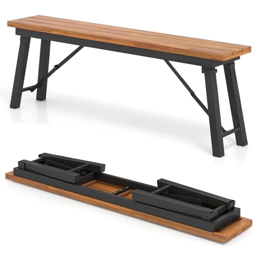HAPPYGRILL Folding Picnic Bench Set of 2, 55” Long Rectangular Wooden Dining Camping BBQ Benches, Portable Acacia Wood Bench w/Metal Frame, Outdoor Indoor Bench Seat for Porch Garden Yard Patio Deck