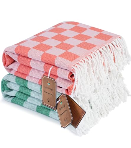 2 Packs Checkered Plaid Travel Towel Turkish Towel Beach Vacation Essentials Blanket Quick Dry Lightweight Hawaii Summer Necessities Europe Mexico Costa Rica Florida Trip Airplane Accessories Flight - color: 2 Pack Green Coral, size: 72 x 36 inch