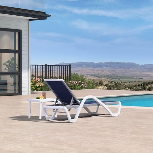 PURPLE LEAF Patio Chaise Lounge Chair Set Outdoor Plastic Textilene Lounger with Side Table 6 Adjustable Positions Sun Bathing Tanning Recliner for Pool Outside Beach in-Pool Lawn Poolside, Navy Blue - color: Navy Blue, style: 1 chair(w/Arms) + 1 table