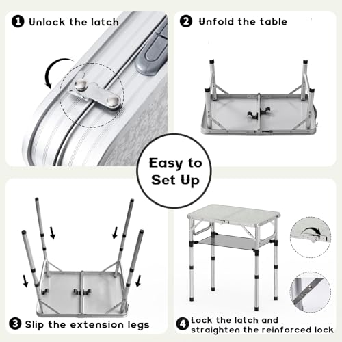 YihuiKo Folding Camping Table, Aluminum 24" x 16" Adjustable Height Max 27.5" with Carrying Handle, Lightweight, Portable Camping Table for Outdoor Indoor Picnic Beach, Silver - size: 24"L x 16"W x 27"H Silver