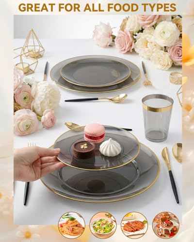 Supernal 180PCS Black and Gold Plastic Dinnerware Set - Black Plastic Plates with Disposable Silverware Include 30 Dinner / 30 Dessert Plates, 30 Forks,30 Knives,30 Spoons & 30 Cups for Party&New Year - color: 180pcs Black and Gold Dinnerware Set