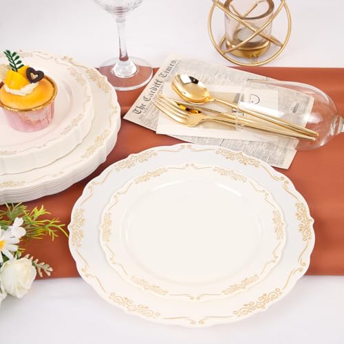 U-QE 100 PCS Ivory Plastic Plates with Gold Rim - Gold Plastic Plates for Party - Heavy Duty Plastic Plates Disposable Use Including 50 Dinner Plates 10 '' & 50 Dessert Plates 7.5 '' - color: Ivory Gold