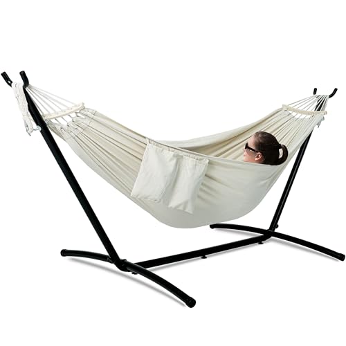 GAFETE Double Hammock with Stand for Outside, Upgraded Spreader Bar, Heavy Duty Space Saving Steel Stand 2 Person, Convenient Pocket, Easy Assembly, 600lbs Weight Capacity, Indoor & Outdoor (Natural - color: Natural