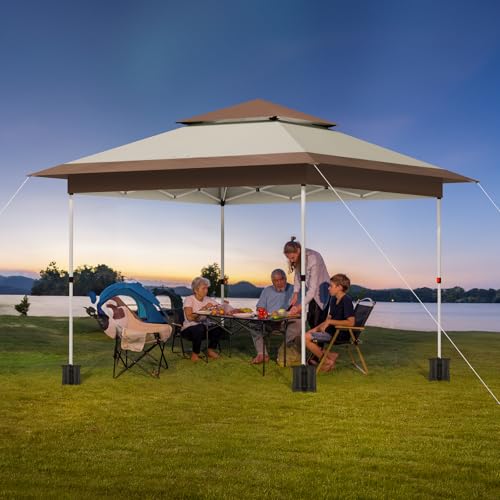 TLSUNNY 12X12 Pop Up Canopy Tent, Camping Shader W/Overhanging Eaves & Sand Bag, Outdoor Gazebo Shelter W/One Push Setup & Wheeled Bag, Height Adjustable, for Patio, Market, Party (Khaki, 12FTX12FT) - color: Khaki, size: 12FTX12FT