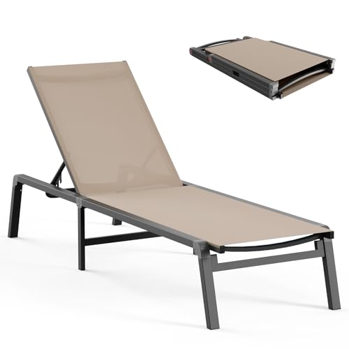 Aluminum Chaise Lounge Ourdoor - Foldable & Assemble Free Outdoor Lounge Chair with 5 Adjustable Backrest, Patio Lounge Chair for Outside Poolside Beach Pool, Khaki - color: Khaki, size: 1 Pack