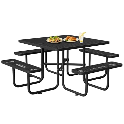 46" Square Metal Picnic Tables for Outdoors with Umbrella Hole - Coated Steel Heavy Duty Commercial Grade Table with Seats, Patio Furniture Set for a Lifetime, Black - color: Black-square
