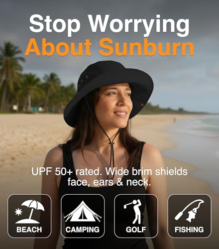 GearTOP Wide Brim Sun Hat for Men & Women, UPF 50+ Fishing Hat with Detachable Neck Flap & Face Cover Gardening Boonie Sunhat - color: Black Floater