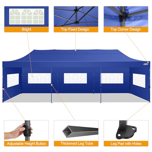 COBIZI 10x30 Pop up Canopy Tent 10x30 Canopy with 8 Sidewalls Waterproof Heavy Duty Commercial Canopy Tent for Parties Outdoor Garden Gazebo, Carry Bag with Wheel(10x30ft, Dark Blue) - color: Dark Blue, size: 10X30FT 8 Sidewalls