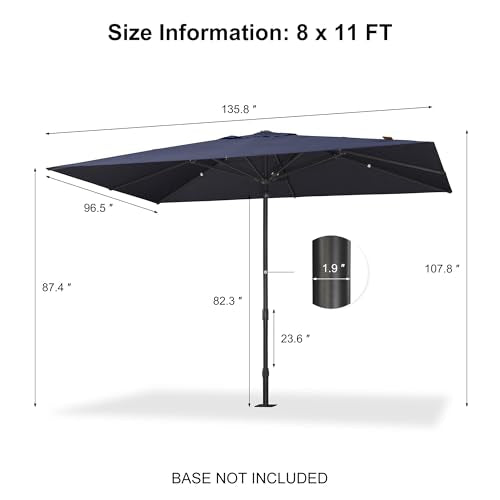 PURPLE LEAF 11' x 8' Rectangular Semi-Auto Outdoor Patio Umbrella Aluminium Market Umbrella Table Sun Umbrella with 1.89" Rod and 8 Sturdy Ribs for Deck Lawn Pool Garden, Navy Blue - color: Navy Blue, size: 8' x 11'