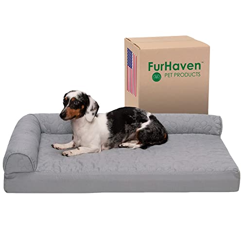 Furhaven Cooling Gel Dog Bed for Medium/Small Dogs w/ Removable Bolsters & Washable Cover, For Dogs Up to 35 lbs - Pinsonic Quilted Paw L Shaped Chaise - Titanium, Medium - color: (Quilted Paw) Titanium, size: Medium