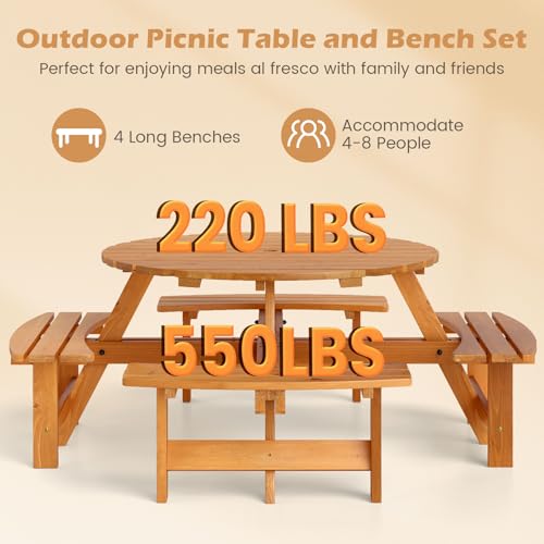 Giantex 8-Person Round Picnic Table Set with 4 Benches, 550 LBS Bench Capacity, 2" Umbrella Hole, Circular Outdoor Wood Dining Table & Chairs for Patio Yard Garden Porch Deck (71”x71”x28”,Yellow) - color: Yellow, size: 71”x71”x28”