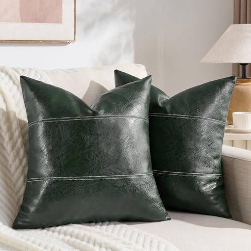 Fancy Homi 2 Packs Olive Green Faux Leather Decorative Throw Pillow Covers 18x18 Inch for Couch Bed Sofa, Modern Farmhouse Boho Home Decor, Dark Green Hand Stitched Accent Square Cushion Case 45x45 cm - color: Dark Green, size: 18" x 18" (Pack of 2)