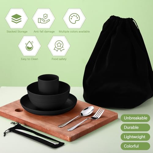 Teenyyou 4 Sets Camping Mess Kits for 4 Person Camping Silverware Set Include Cup, Bowl, Plate, Knife, Spoon, Fork Cutlery Set Unbreakable Wheat Straw Dinnerware Utensils for Travel - color: Black Color