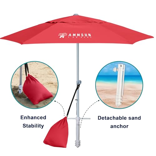 AMMSUN 8ft Large Beach Umbrellas for Sand Heavy Huty Wind Portable Commercial Grade Patio Beach Umbrella with Sand Anchor Adjustable Height Air Vent UPF 50+ Telescoping Pole without tilt Red - color: Red