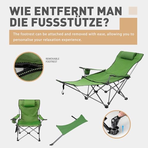 Reclining Camping Chair with Removable Footrest, Adjustable Camping Lounge Beach Chair with Padded Headrest, Cup Holder & Carry Bag, Camp Chair with Foot Rest Lawn Chair for Outdoor Patio,Green - color: Green