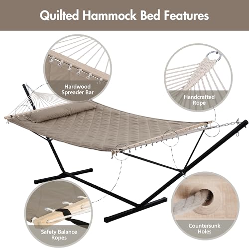 ANOW 2 Person Hammock with 12FT Stand, Heavy Duty Hammock with Stand for Outdoors, 450 LBS Weight Capacity, Light Brown - color: Light Brown, size: 2 Person With Stand