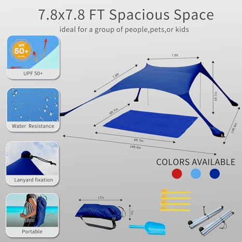 7×7 FT Beach Tent Sun Shelter UPF50+ UV Protection, Outdoor Canopy Tent Sun Shade with 2 Poles for Camping, Beach, Fishing, Backyard and Picnics Navy - color: Navy