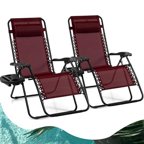 Goplus Zero Gravity Lounge Chairs, 160°Adjustable Folding Recliner w/Pillow and Cup Holder, 350LBS Comfy Outdoor Lounge Chairs for Patio, Lawn, Yard & Camp(Set of 2, Wine) - color: Wine, size: 35.4" x 25.2" x 43.3" (Set of 2)