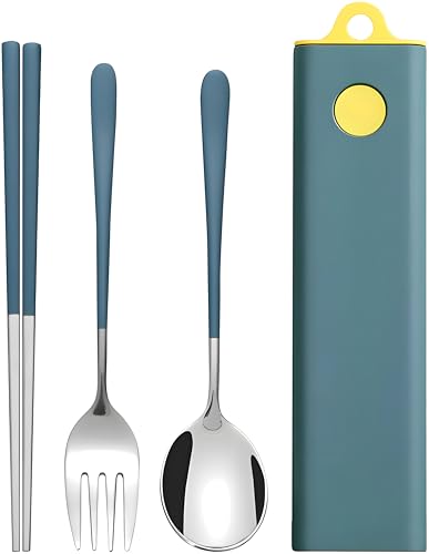Traveling Cutlery Set, Portable Stainless Steel Outdoor Dinnerware with Shell, Reusable Chopsticks, Fork and Spoon Set, Pocket Cutlery for Picnic, Camping and Traveling (Green)