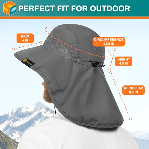 SUN CUBE Wide Brim Sun Hat with Neck Flap, UPF50+ Hiking Safari Fishing Hat for Men Women, Sun Protection Beach Hat - color: Gray