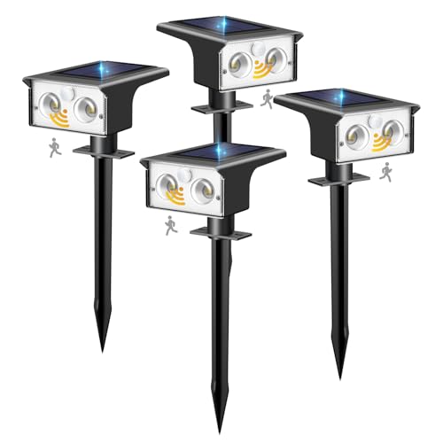 btfarm Solar Spot Lights Outdoor Waterproof, 4 Pack/3 Modes Motion Sensor Lights, Solar Powered Spotlights 2-in-1 Auto On/Off for Outside Pathway Yard Garden Lighting, Cool White - color: Cool White, size: 4 Pack