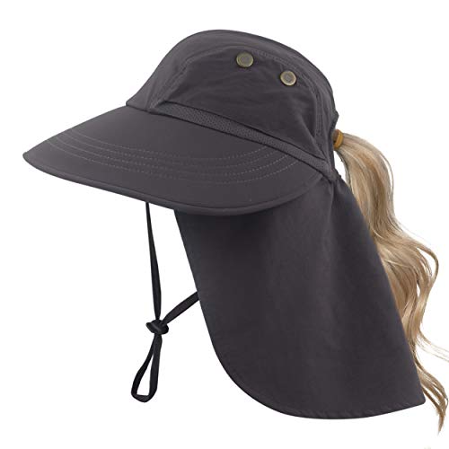 Muryobao Women's Sun Hat Outdoor UV Protection Foldable Mesh Hat Wide Brim Summer Beach Fishing Cap with Neck Flap - color: Dark Grey