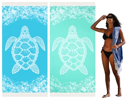 Widdonen 2 Pack Turkish Beach Towel Quick Dry Absorbent Cotton Lightweight Thin Bathroom Bath Pool Swim Towels Extra Large Oversized Sand Free Beach Accessories Essentials Stuff Cloud Adults Gift - color: 2 Pack Light Blue Blue Turtle, size: X-large(79 X