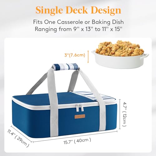 LUNCIA Insulated Single Decker Casserole Carrier, Lasagna Lugger Tote Keeps Food Hot or Cold, Thermal Lunch Bag for Potluck Parties, Picnic and Cookouts, Fits 9" x 13" Baking Dish, Dark Blue - color: Dark Blue, size: 15.7 x 11.4 x 4.7inch