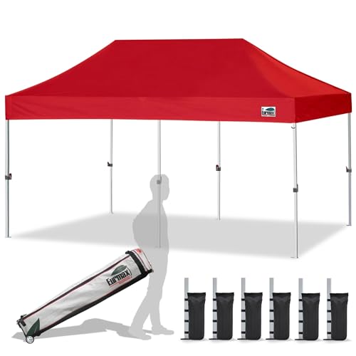 Eurmax USA 10x20ft Pop Up Canopy, Commercial Instant Tent for Outdoor Events, Patented No-Tip Rolling Storage Bag with 6 Sandbags,UV & Water Resistant,Heavy Duty Portable Shelter Gazebo,Red - color: Red, size: 10x20