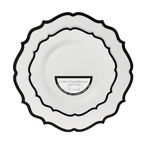 PLASTICPRO 32 Pack Elegant Disposable Plastic Plates Combo Set Includes 16 Dinner Plates and 16 Salad Plate Heavy Duty Fancy Party Plates White & Black Contemporary Design - color: White & Black Contemporary