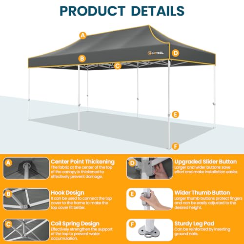 Hoteel 10x20 Pop Up Canopy Tent Heavy Duty with 6 Sidewalls, Waterproof Party Tent, Easy Set-up Commercial Instant Tents with Roller Bag & Sandbags, Hexagonal Leg (1-Year Warranty) - color: Grey 2, size: 10×20 （6 Walls）