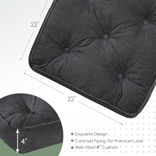 HIGOGOGO Large Floor Pillow Cushion for Adults, Meditation Cushion Pillow with Handle, Lustrous Chenille Tufted, Square Floor Sitting for Tatami Living Room or Yoga, 22x22 Inch, Dark Grey - color: Square Dark Grey, size: 4" Thick(pack of 1)