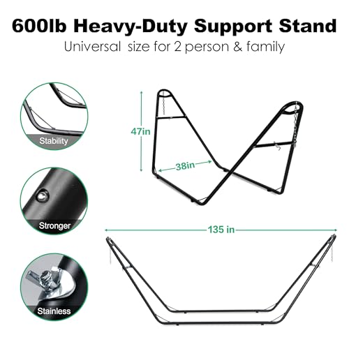 gafete Universal 2 Person Hammock Stand Only, 600 lbs Capacity, Fits 9 to 14ft Hammocks, Adjustable Double Heavy Duty Powder-Coated Steel Stand for Outside, Multi-Use (Black) - color: Black
