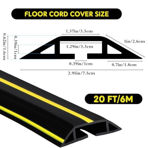 Pangda 20 FT Floor Cable Cover Heavy Duty Cord Cover Protector Power Cable Protector Soft Extension, Organize and Protect Wire on Floor for Home Office or Outdoor Settings (Black, Yellow) - color: Black、yellow, size: 20 ft