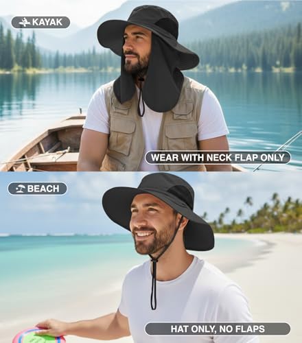 GearTOP Wide Brim Sun Hat for Men & Women, UPF 50+ Fishing Hat with Detachable Neck Flap & Face Cover Gardening Boonie Sunhat - color: Dark Grey