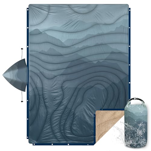 Outdoor Camping Blanket with Sherpa Lining, Extra Warm Thick Camp Blankets and Puffy Ultralight Soft Poncho DWR Camping Quilt for Cold Weather, Adventure, Sleeping, Backpacking 78"x 56" - color: Hooded - Blue Cloud Valley, size: 78 x 56 inches