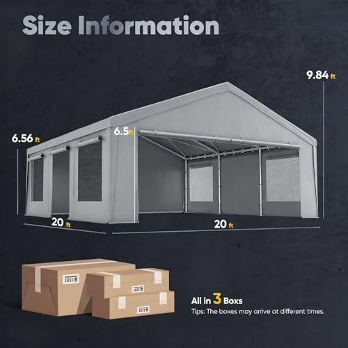 Quictent 20x20 ft Heavy Duty 2 Car Carport, Waterproof Storage Shelter with Zipper Side Doors, Snowproof Steel Cables & Ventilated Windows, Outdoor Garage for Car, Gray - color: Gray, size: 20'x20'