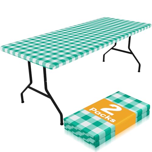 Smiry Picnic Table Cloth 2 Pack, Waterproof Elastic Fitted Tablecloths for 24x48 Rectangle Tables, Washable Polyester Buffalo Plaid Tablecloth for Camping, Dining & Outdoor (Green & White, 24" x 48") - color: Green and White, size: 24" x 48"