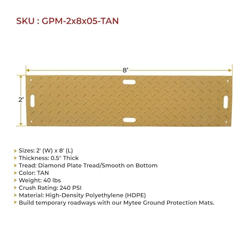 Mytee Products 12 Pk 2' x 8' - 1/2" Thick Heavy Duty Tan Ground Protection Mats with Diamond Plated Tread - Easily Supports 50 Ton Loads - HDPE Construction Mat for Equipment Lawns Landscapers - color: Tan, size: 2 x 8 Feet, style: 12 - Pack