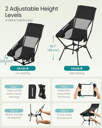 SONGMICS Camping Chair, Lightweight Folding Beach Chair, Adjustable Height, Steel Frame, Portable for Outdoor Travel - color: Black, style: Highback（22.8"D x 22"W x 38.1"H)