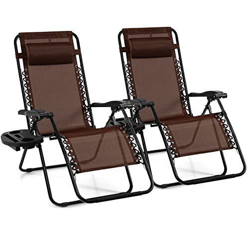 Giantex 2 PCS Zero Gravity Chair, Outdoor Chaise Lounge with Cup Holder, Patio Folding Chairs Recliner for Yard Pool Lawn Balcony - color: Brown, size: 1 Count (Pack of 2)