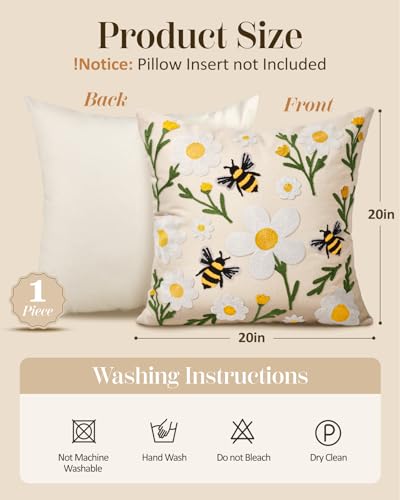 Embroidered Throw Pillow Cover 20x20 Inch - Spring Summer Boho Decorative Pillow Cover with Zipper for Living Room Couch Sofa Bed Aesthetic Design Flower Bee Cushion Pillowcase - color: Flower Bee, size: 20" x 20" (Pack of 1)