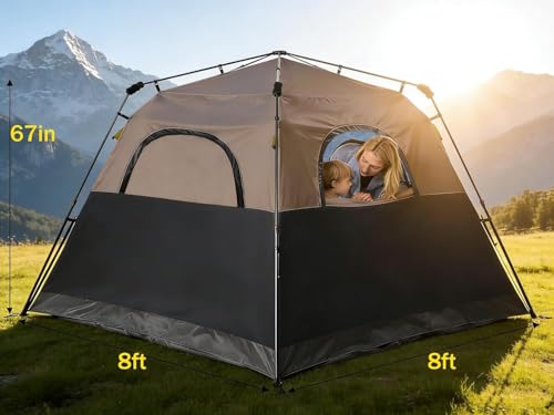 3/4 Person Camping Tent with 1 Door, 4 Windows, and Upgraded Ventilation– Instant Setup, Waterproof, 8'x 8'x 67''Oxford Fabric Floor Pop Up in 60 Seconds Includes Rainfly and Backpack - color: 4 Person Black/2-Layer