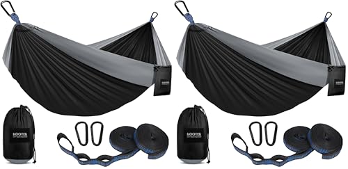 Kootek Camping Hammock, Portable Hammocks with Tree Straps & Attached Carry Bag, Camping Essentials Gear, Perfect for Outside Indoor Hiking Beach Backpack Travel - color: Black & Grey, size: Large (Pack of 2)