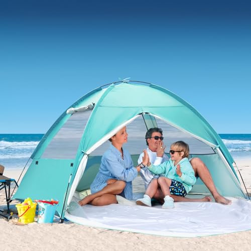 COVACURE 2026 New Upgraded Beach Tent Sun Shelter - UPF 50+ UV Protection Beach Shade for 3-4 Person, Waterproof & Lightweight, Easy Setup Portable Sun Canopy for Camping, Fishing, Beach (Green) - color: Green