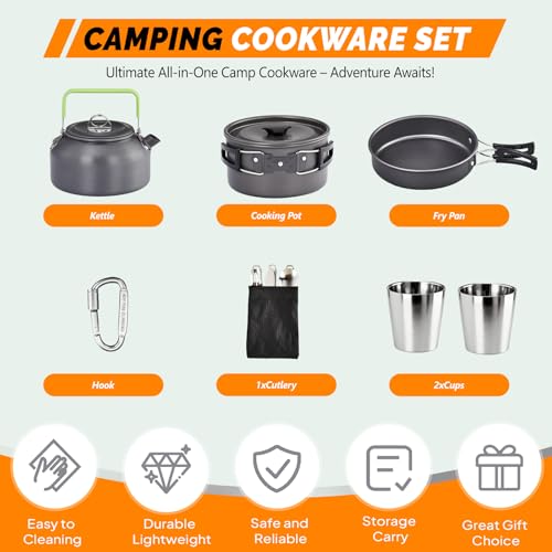 ROVSUN 34/10/6 pcs Camping Cookware Mess Kit, Lightweight Non-Stick Camping Cooking Pot and Pan Set with Stainless Steel Camping Gear Kettle Cup for Open Fire, Backpacking, Outdoor Cooking - style: 10 Pcs