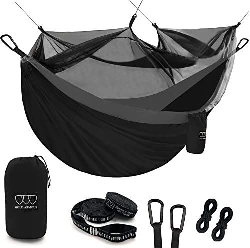 Gold Armour Camping Hammock - Camping Essentials, Double Hammock with Bug Net, Camping Gear Hammock for Outside, Hiking, and Travel (Black & Gray) - color: Black & Gray