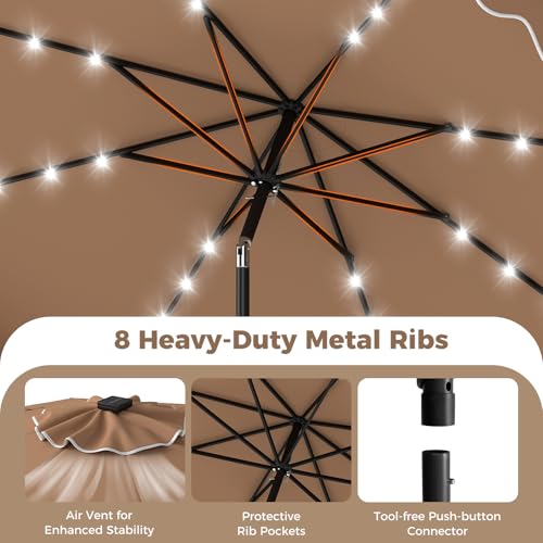 Tangkula 10 FT Solar Patio Umbrella with Base Included, 2-Tiers Outdoor Scalloped Table Umbrella with 32 LED Lights, 2 Sandbags, Tilt Adjustment, Crank, 8 Ribs for Market Backyard Pool Deck Beach Lawn (Coffee, 10 FT) - color: Coffee, size: 10 FT