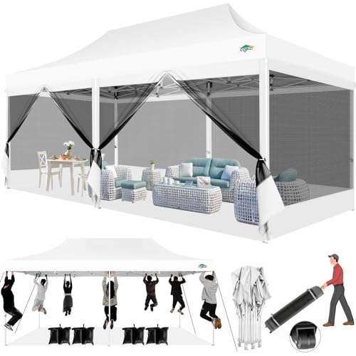 COBIZI 10x20 Canopy Tent with 6 Sidewalls,Heavy Duty Pop up Canopy with Mosquito Netting,Easy up Screen Tent for Parties Wedding Outdoor Patio with Roller Bag,White - color: White, size: 10x20ft(standard)